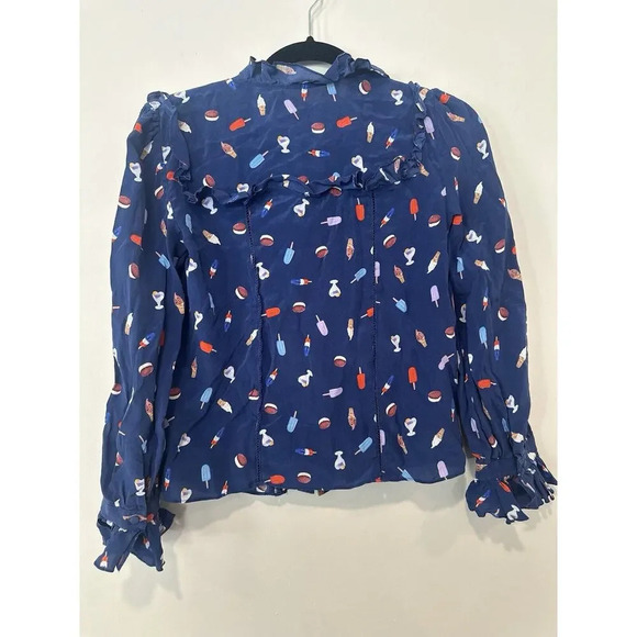 ALICE AND OLIVIA Ice Cream print Ruffle Blouse 100% Silk Size XS 1354 - Picture 11 of 13